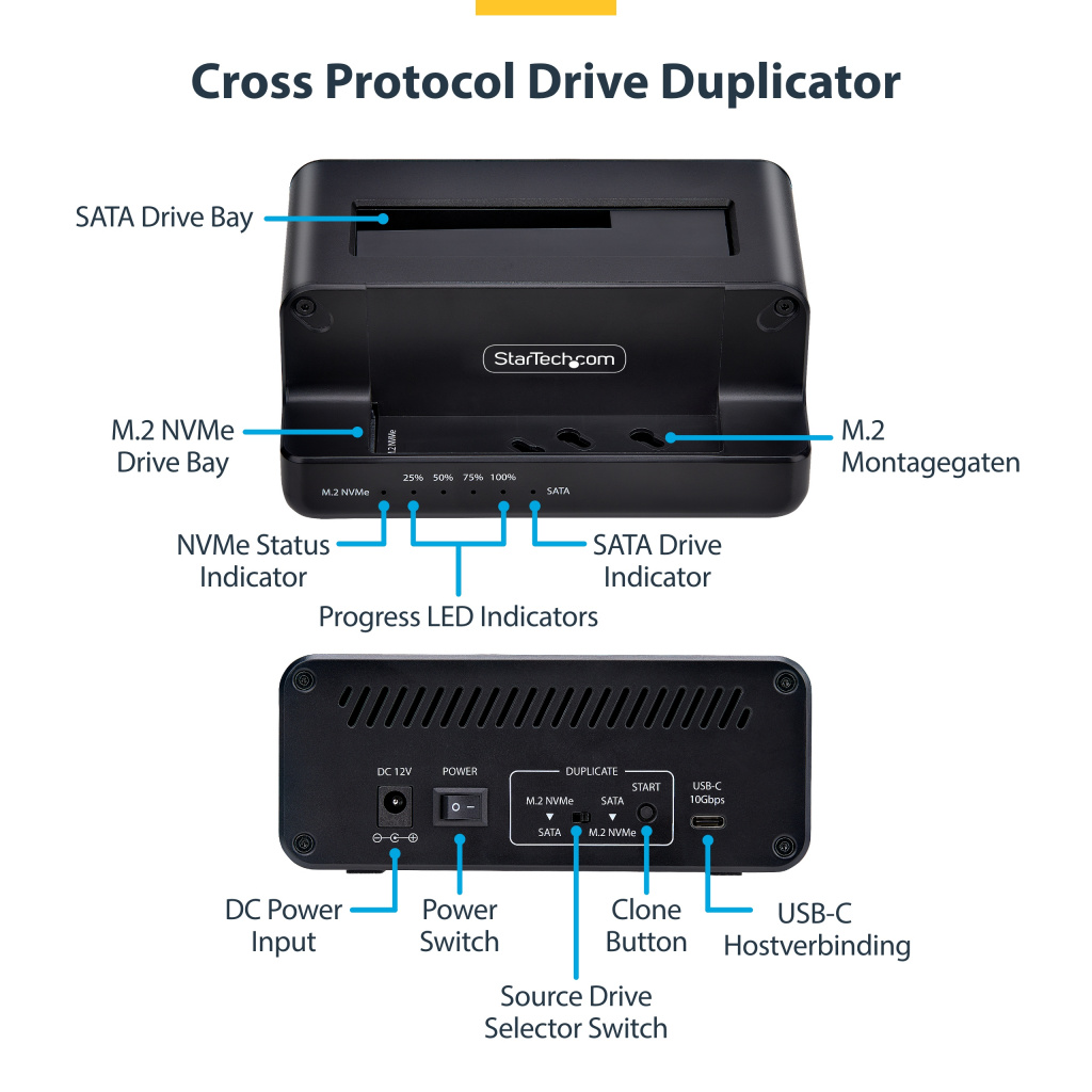 StarTech.com M.2 NVMe naar 2.5"/3.5" SATA Drive Duplicator, Dual Bay Standalone SSD Cloner/Copier en Drive Dock, Bidirectionele - Afbeelding 12