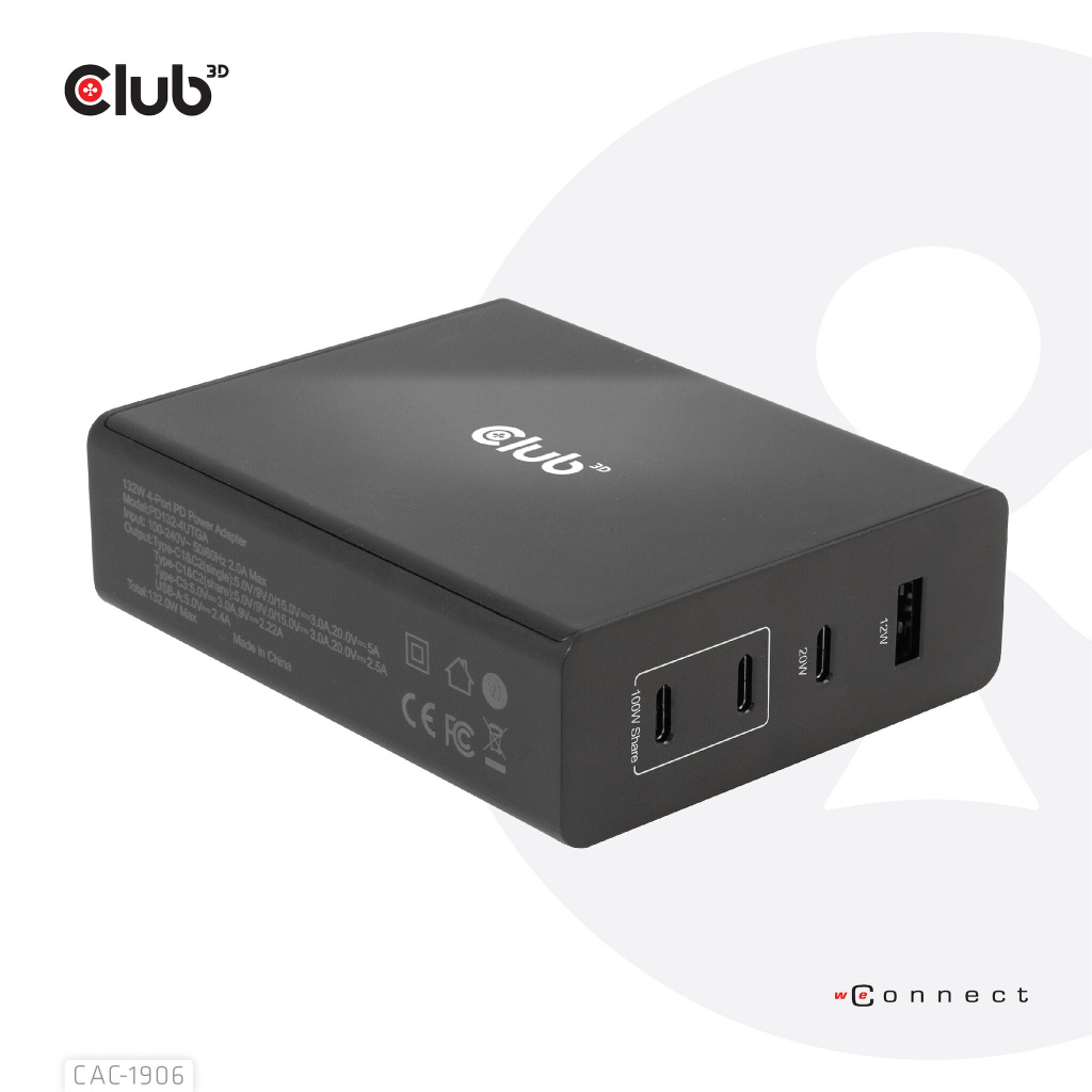 CLUB3D Travel Charger 132W GAN technology, Four port USB Type-A and -C, Power Delivery(PD) 3.0 Support - Afbeelding 2