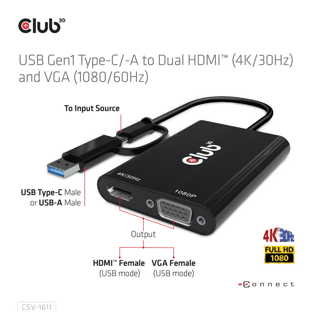 CLUB3D USB Gen1 Type-C/-A to Dual HDMI (4K/30Hz) / VGA (1080/60Hz) - Afbeelding 8