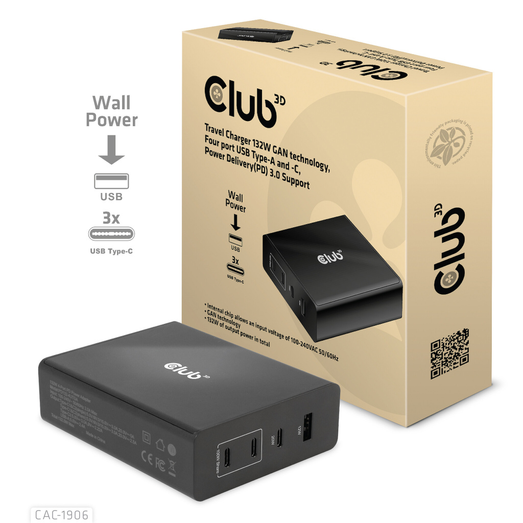 CLUB3D Travel Charger 132W GAN technology, Four port USB Type-A and -C, Power Delivery(PD) 3.0 Support - Afbeelding 4
