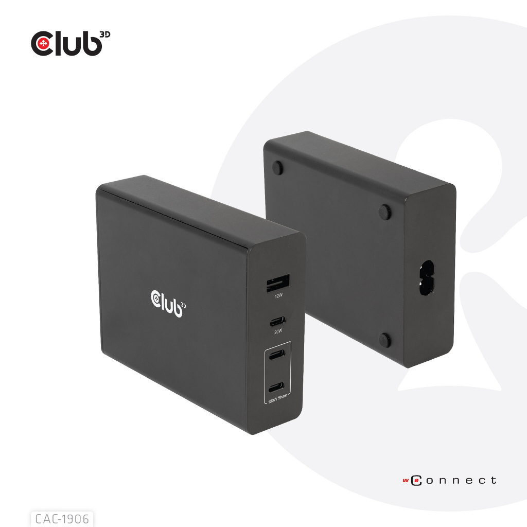 CLUB3D Travel Charger 132W GAN technology, Four port USB Type-A and -C, Power Delivery(PD) 3.0 Support - Afbeelding 3