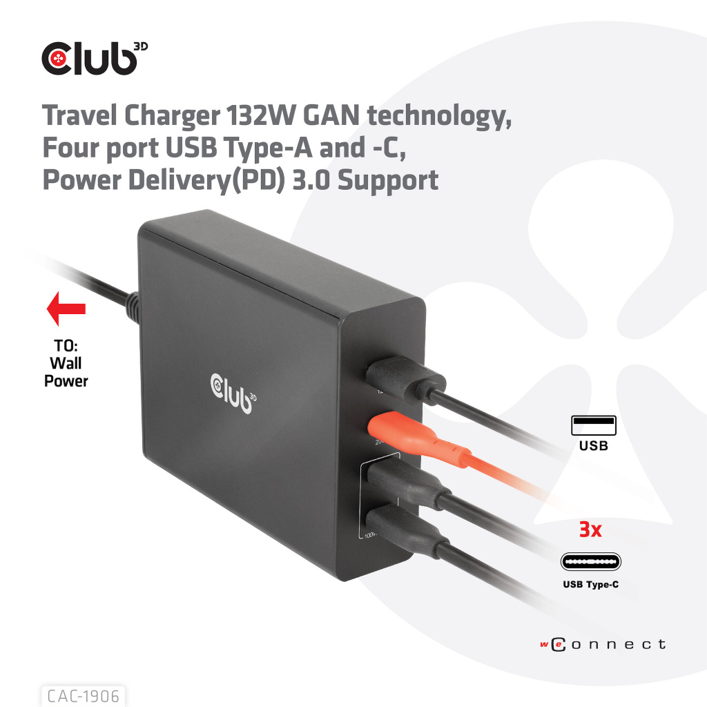 CLUB3D Travel Charger 132W GAN technology, Four port USB Type-A and -C, Power Delivery(PD) 3.0 Support - Afbeelding 13
