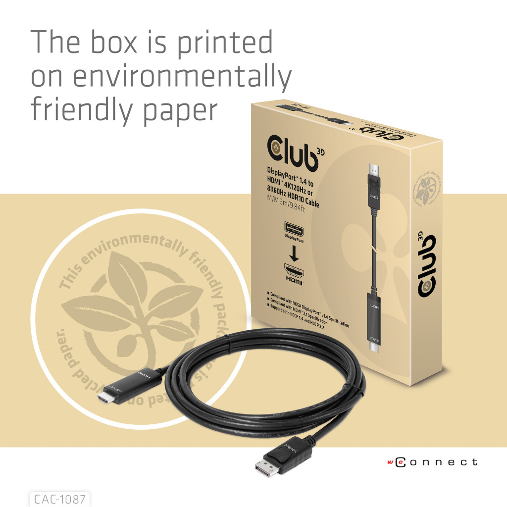 CLUB3D DisplayPort 1.4 to HDMI 4K120Hz or 8K60Hz HDR10 Cable M/M 3m/9.84ft - Afbeelding 8