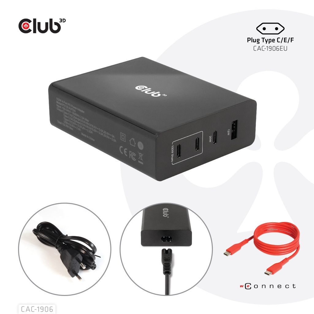 CLUB3D Travel Charger 132W GAN technology, Four port USB Type-A and -C, Power Delivery(PD) 3.0 Support - Afbeelding 7