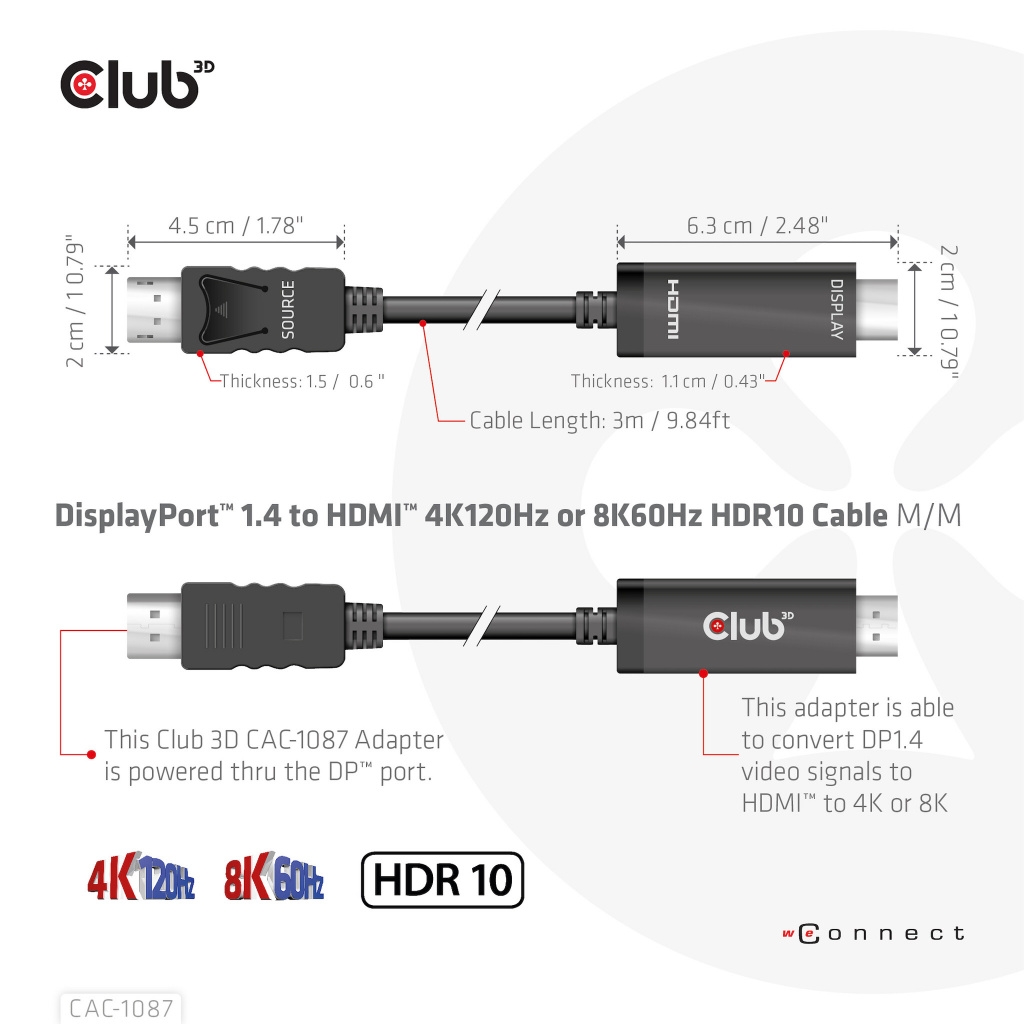 CLUB3D DisplayPort 1.4 to HDMI 4K120Hz or 8K60Hz HDR10 Cable M/M 3m/9.84ft - Afbeelding 4