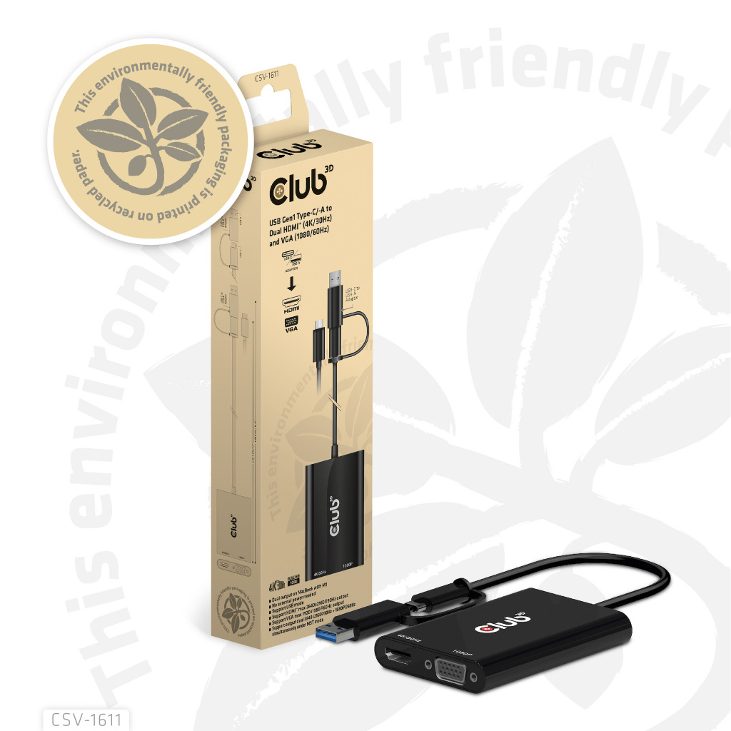 CLUB3D USB Gen1 Type-C/-A to Dual HDMI (4K/30Hz) / VGA (1080/60Hz) - Afbeelding 15