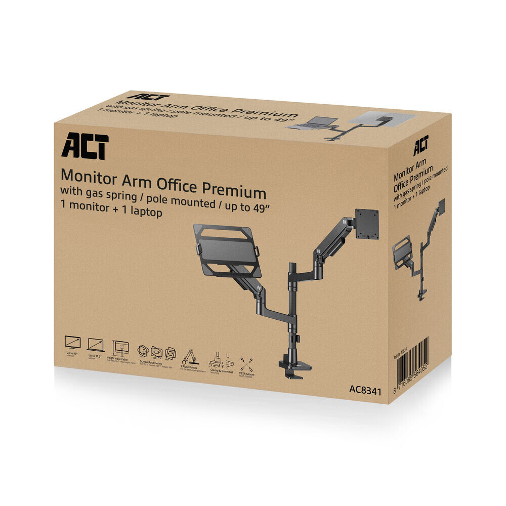 ACT Monitorarm 49" met laptophouder office premium, gasveer, paalbevestiging, 1 scherm - Afbeelding 8