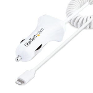 StarTech.com USB Autolader met 1m Lightning Spiraalkabel, 12W, Wit, 2 Port USB Tablet en Telefoon Oplader, Dubbele USB Car Charg