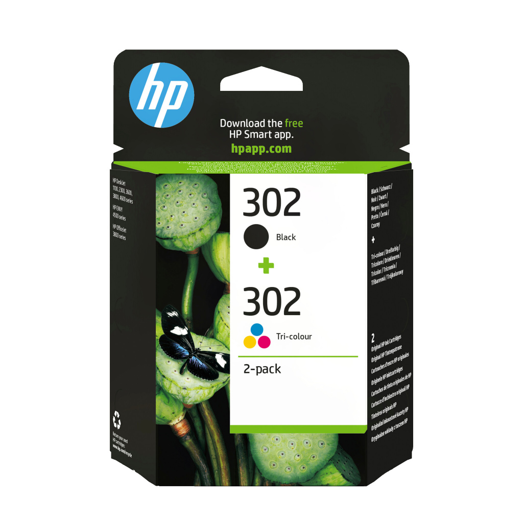 HP 302 originele zwarte/drie-kleuren inktcartridges, 2-pack