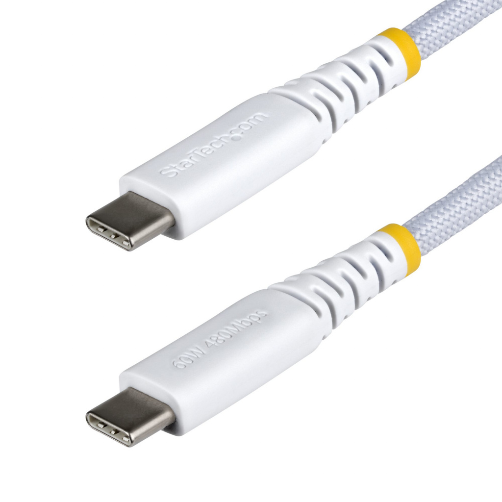 StarTech.com 3m USB-C Laadkabel, Wit, 60W (3A) PD, Dual-Layer Gevlochten Nylon/TPE Mantel, Robuuste USB Type-C Oplaadkabel, USB
