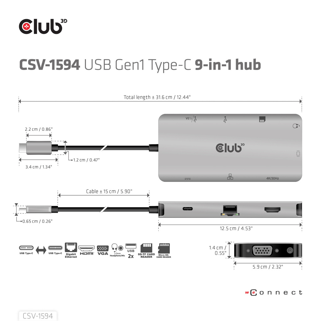 CLUB3D Type-C 9-in-1 hub with HDMI, VGA, 2x USB Gen1 Type-A,RJ45,SD/Micro SD card slots and USB Type-C oplaad mogelijkheid tot m - Afbeelding 16