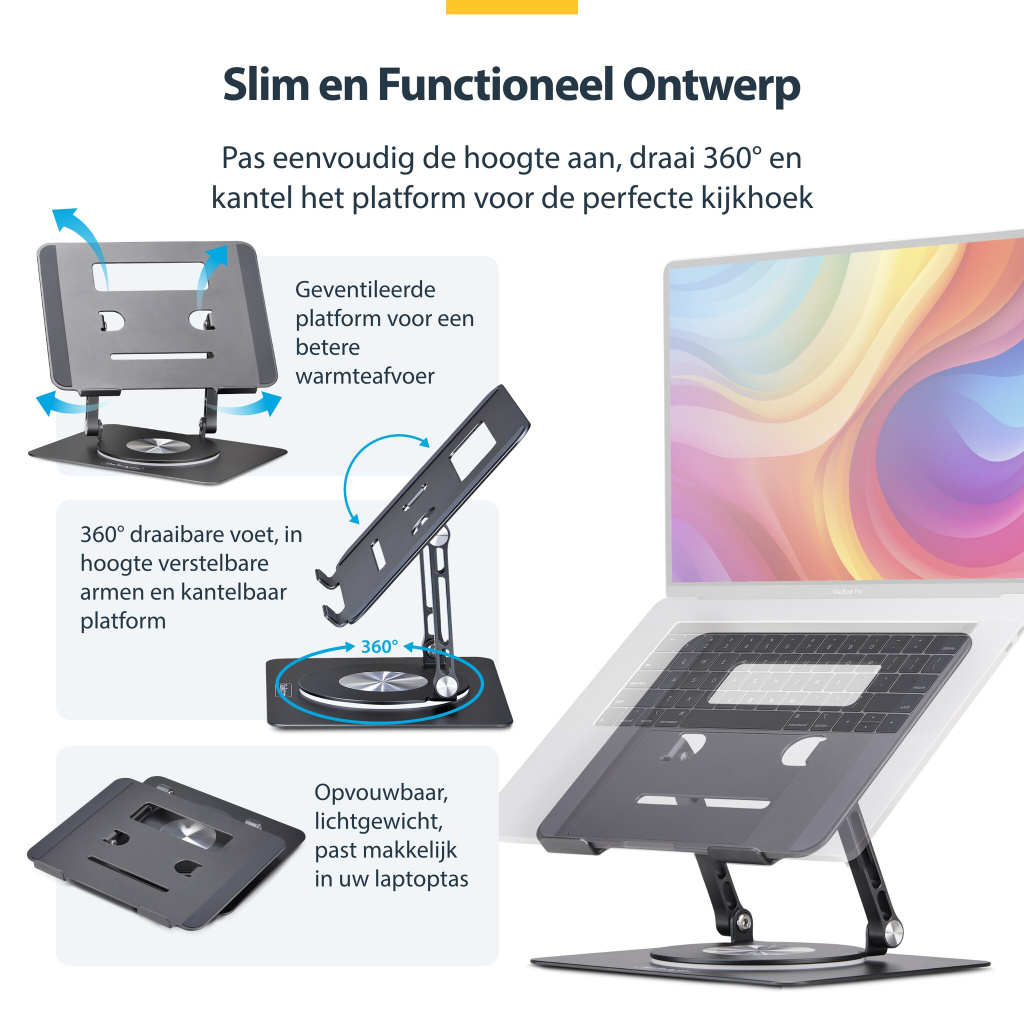 StarTech.com Draaibare Laptopstandaard, 360 Roterende Laptophouder voor Computer, Verhoogd plateau met Verstelbare Kanteling, Ma - Afbeelding 11