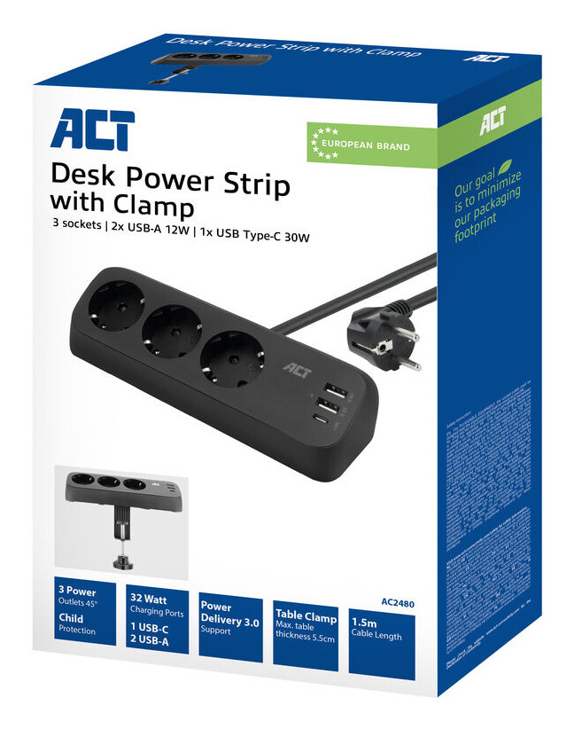 ACT Stekkerdoos met 3 type-F stopcontacten, 30W Power Delivery, USB Type-C/A poorten, kabellengte 1,5 meter - Afbeelding 2