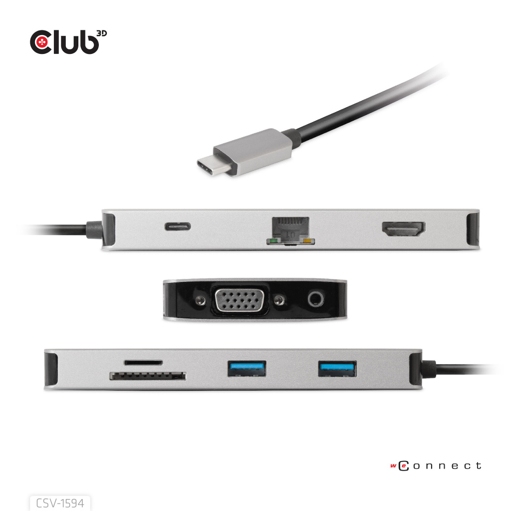 CLUB3D Type-C 9-in-1 hub with HDMI, VGA, 2x USB Gen1 Type-A,RJ45,SD/Micro SD card slots and USB Type-C oplaad mogelijkheid tot m - Afbeelding 4