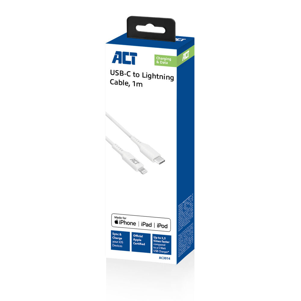 ACT USB 2.0 laad- en datakabel C male - Lightning male 1 meter, MFI gecertificeerd - Afbeelding 2