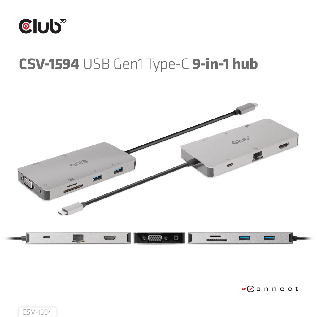 CLUB3D Type-C 9-in-1 hub with HDMI, VGA, 2x USB Gen1 Type-A,RJ45,SD/Micro SD card slots and USB Type-C oplaad mogelijkheid tot m - Afbeelding 14