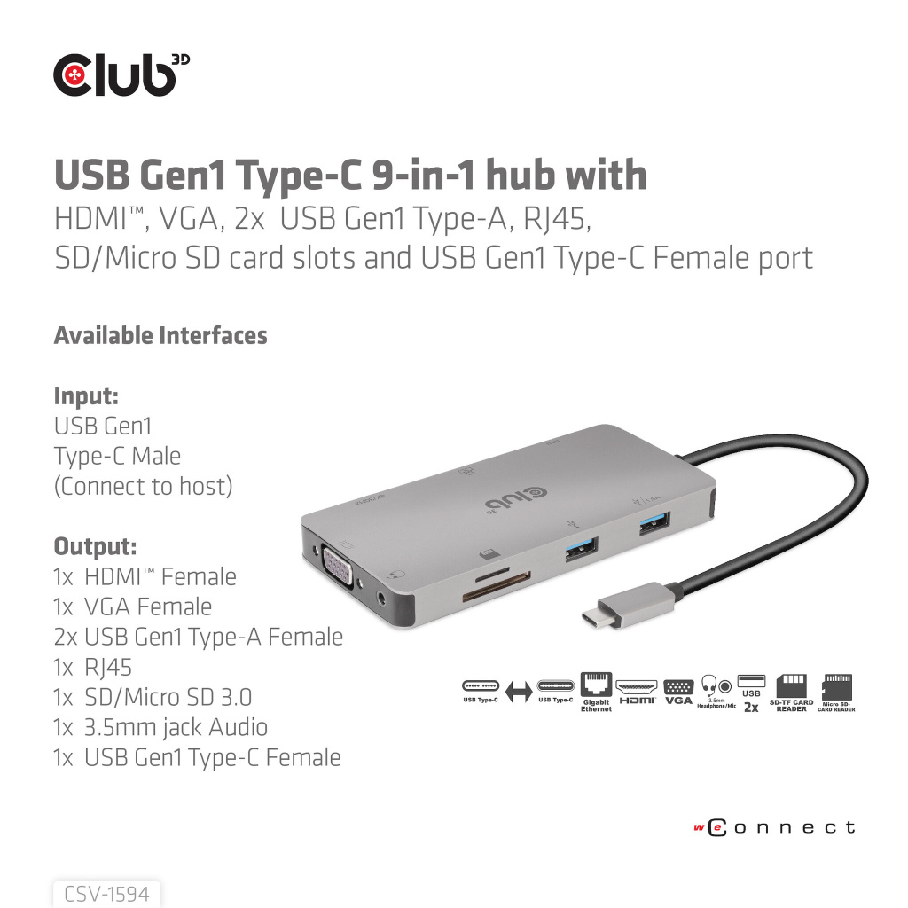 CLUB3D Type-C 9-in-1 hub with HDMI, VGA, 2x USB Gen1 Type-A,RJ45,SD/Micro SD card slots and USB Type-C oplaad mogelijkheid tot m - Afbeelding 9