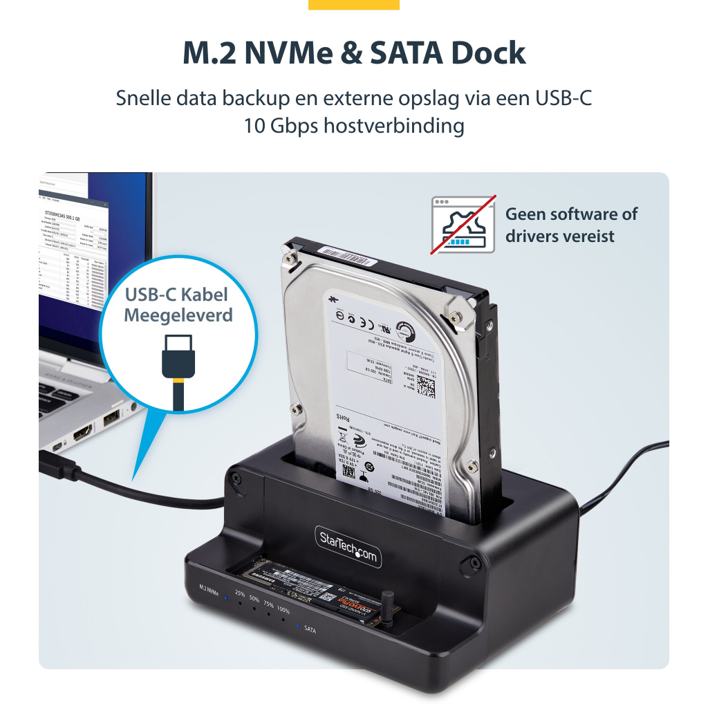 StarTech.com M.2 NVMe naar 2.5"/3.5" SATA Drive Duplicator, Dual Bay Standalone SSD Cloner/Copier en Drive Dock, Bidirectionele - Afbeelding 14
