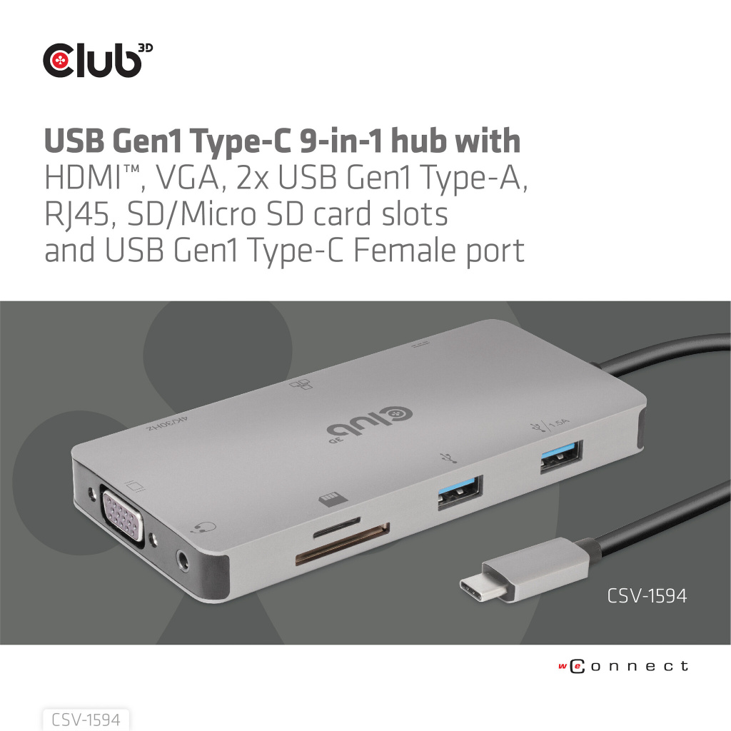 CLUB3D Type-C 9-in-1 hub with HDMI, VGA, 2x USB Gen1 Type-A,RJ45,SD/Micro SD card slots and USB Type-C oplaad mogelijkheid tot m - Afbeelding 2