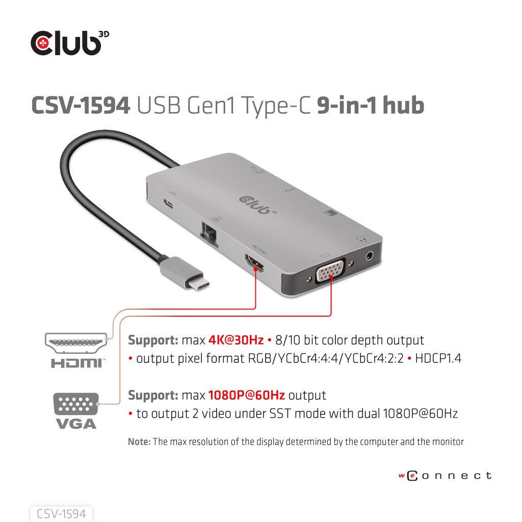 CLUB3D Type-C 9-in-1 hub with HDMI, VGA, 2x USB Gen1 Type-A,RJ45,SD/Micro SD card slots and USB Type-C oplaad mogelijkheid tot m - Afbeelding 20