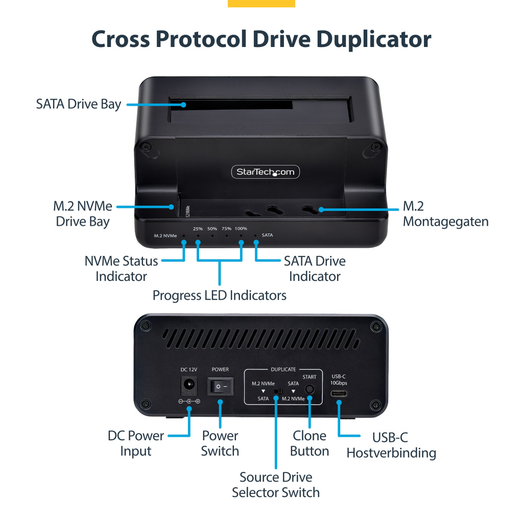 StarTech.com M.2 NVMe naar 2.5"/3.5" SATA Drive Duplicator, Dual Bay Standalone SSD Cloner/Copier en Drive Dock, Bidirectionele - Afbeelding 12