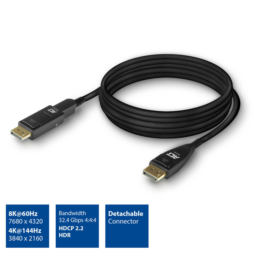 ACT DisplayPort 1.4 Active Optical Cable 8K 15 meter met afneembare connector - Afbeelding 2