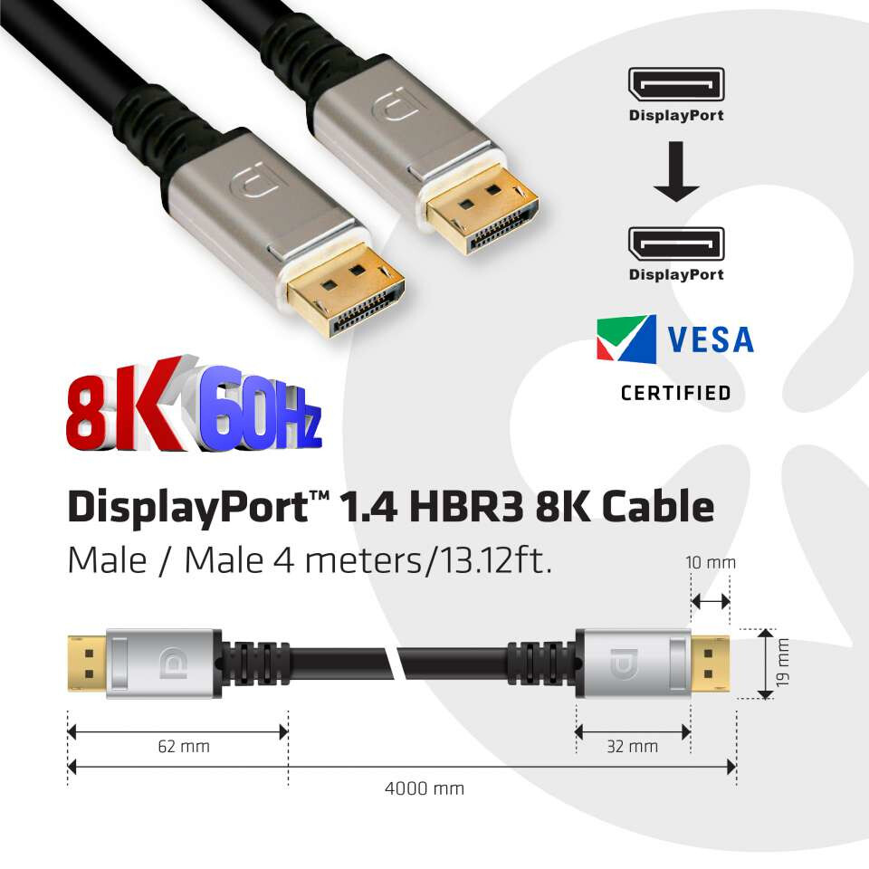 CLUB3D DisplayPort 1.4 HBR3 8K Kabel M/M 4meter - Afbeelding 3