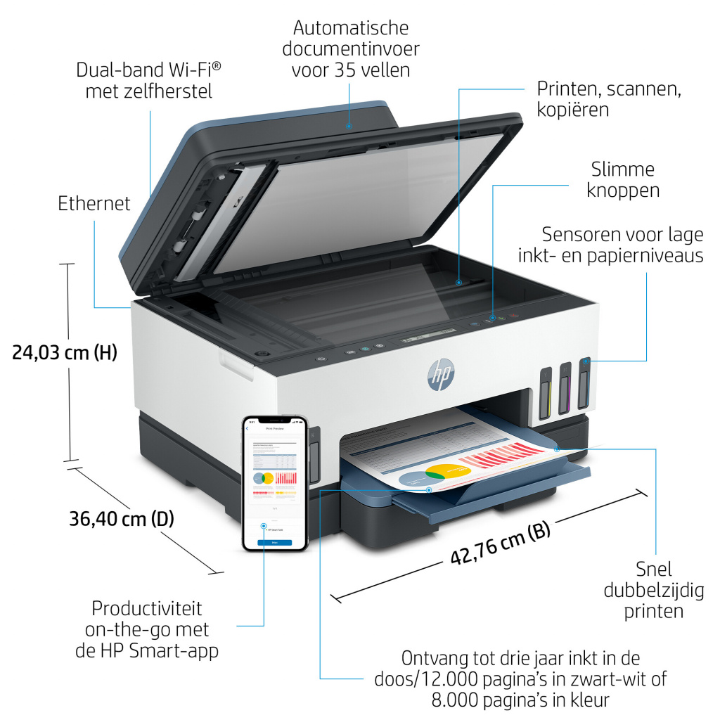 HP Smart Tank 7306 Draadloos All-in-One Kleur Printer, Dubbelzijdig printen; Kopieerapparaat, Scanner - Afbeelding 14