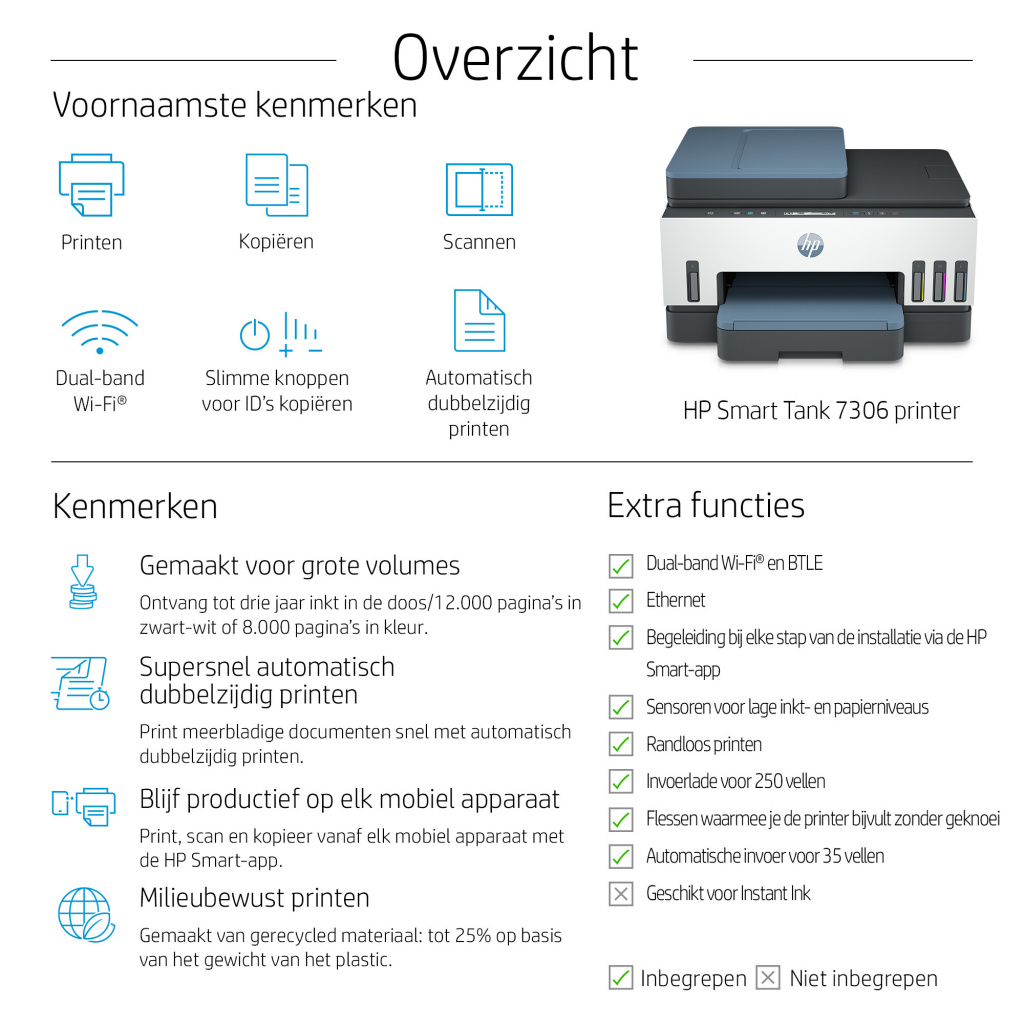 HP Smart Tank 7306 Draadloos All-in-One Kleur Printer, Dubbelzijdig printen; Kopieerapparaat, Scanner - Afbeelding 7