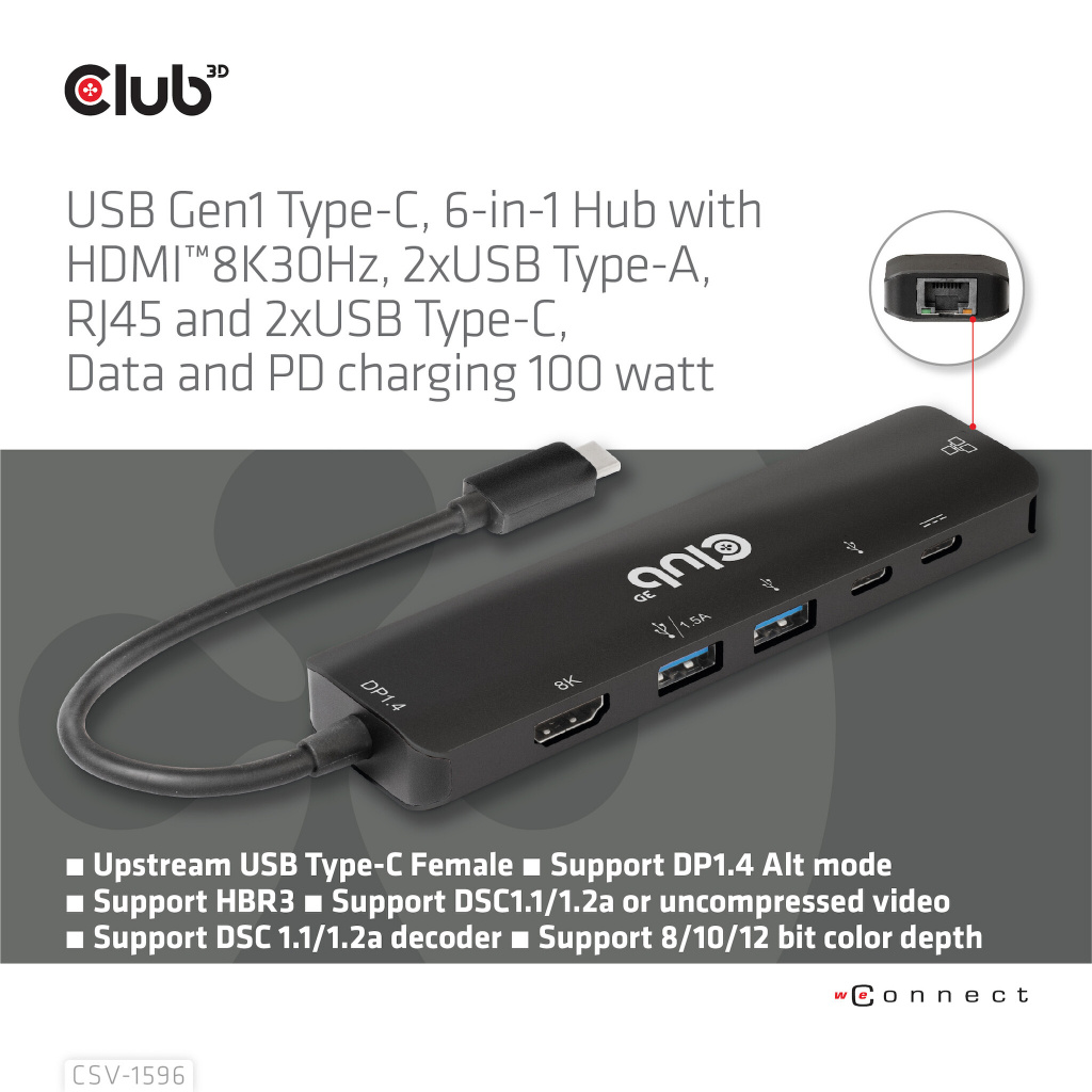 CLUB3D USB Gen1 Type-C, 6-in-1 Hub with HDMI 8K30Hz, 2xUSB Type-A, RJ45 and 2xUSB Type-C, Data and PD charging 100 watt - Afbeelding 7