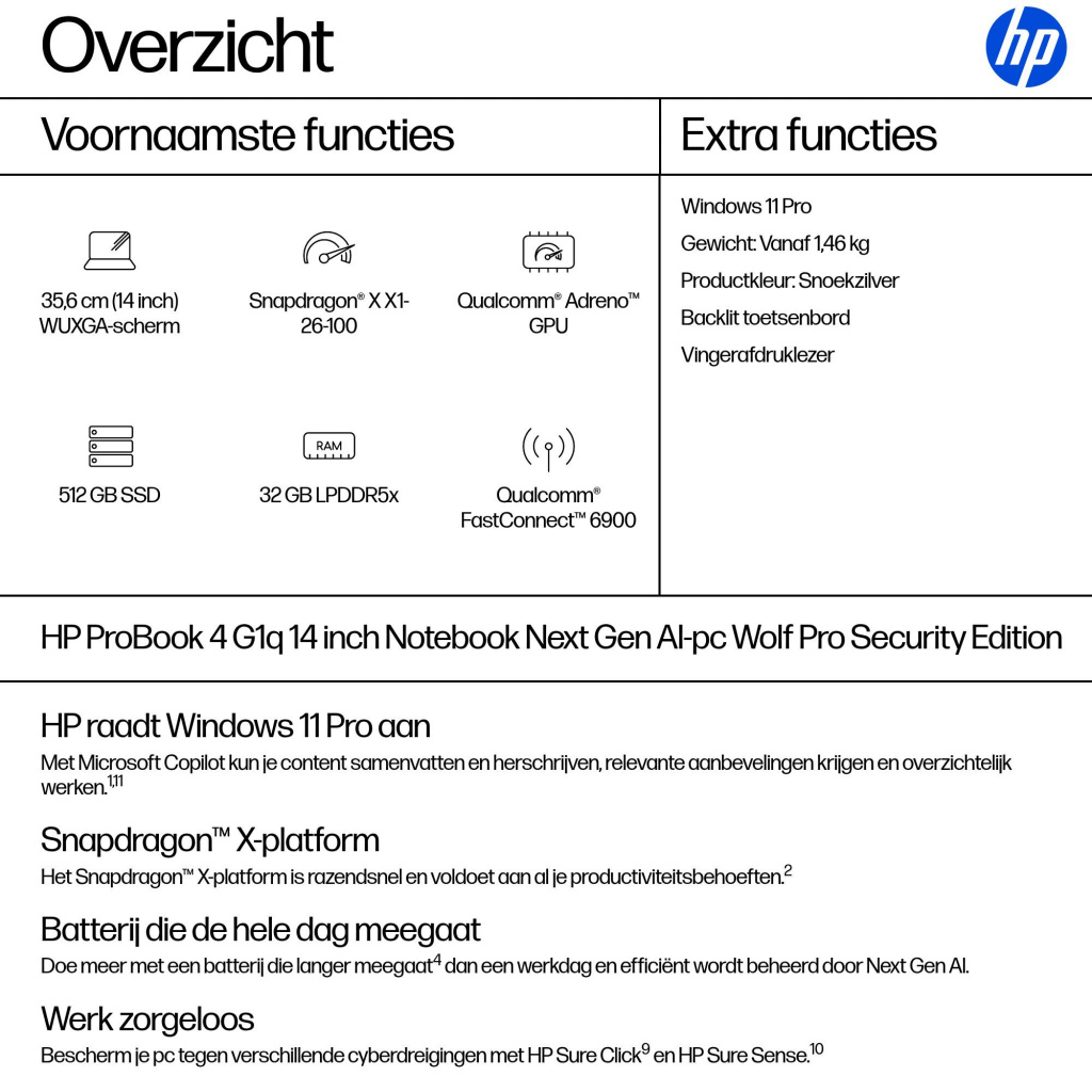 HP ProBook 4 PB4G1q14 X126100 14 32GB/512 PC NL Copilot+ PC Snapdragon X1-26-100 Laptop 35,6 cm (14") WUXGA LPDDR5x-SDRAM 512 GB - Afbeelding 17