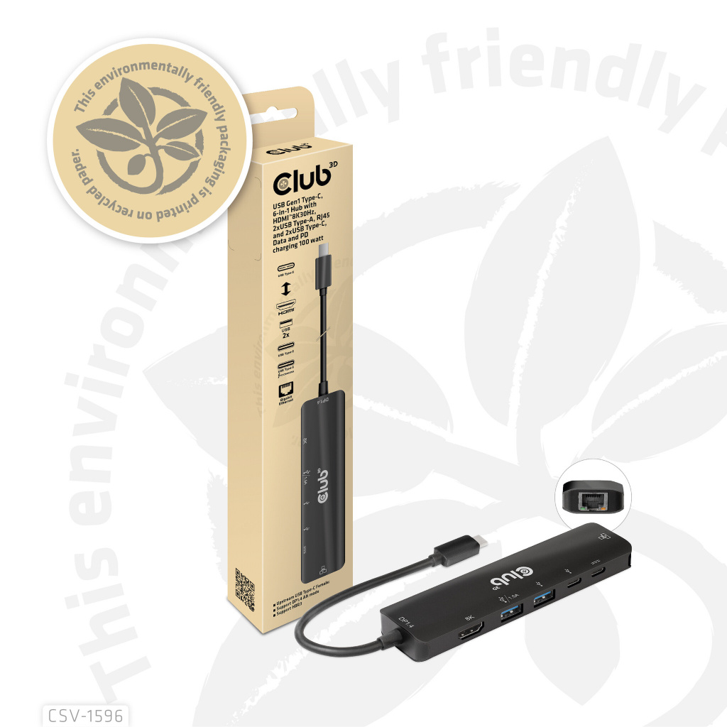 CLUB3D USB Gen1 Type-C, 6-in-1 Hub with HDMI 8K30Hz, 2xUSB Type-A, RJ45 and 2xUSB Type-C, Data and PD charging 100 watt - Afbeelding 15