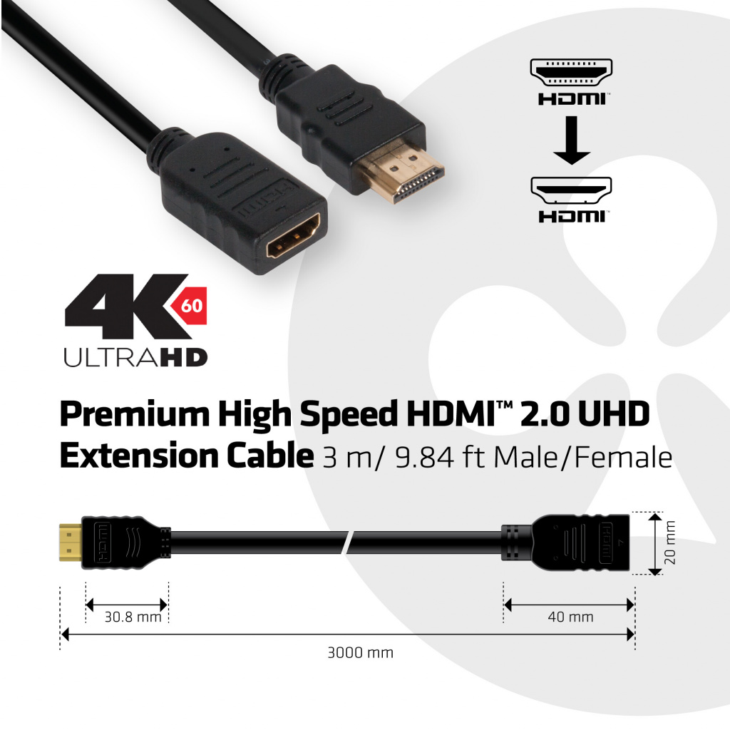 CLUB3D High Speed HDMI™ 2.0 4K60Hz VerlengKabel 3 meter M/V - Afbeelding 4