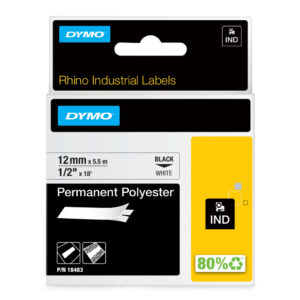 DYMO Rhino industriële labels | Permanent Polyester | 12 mm x 3,5 m | zwarte afdruk op wit | zelfklevende labels voor Rhino & La