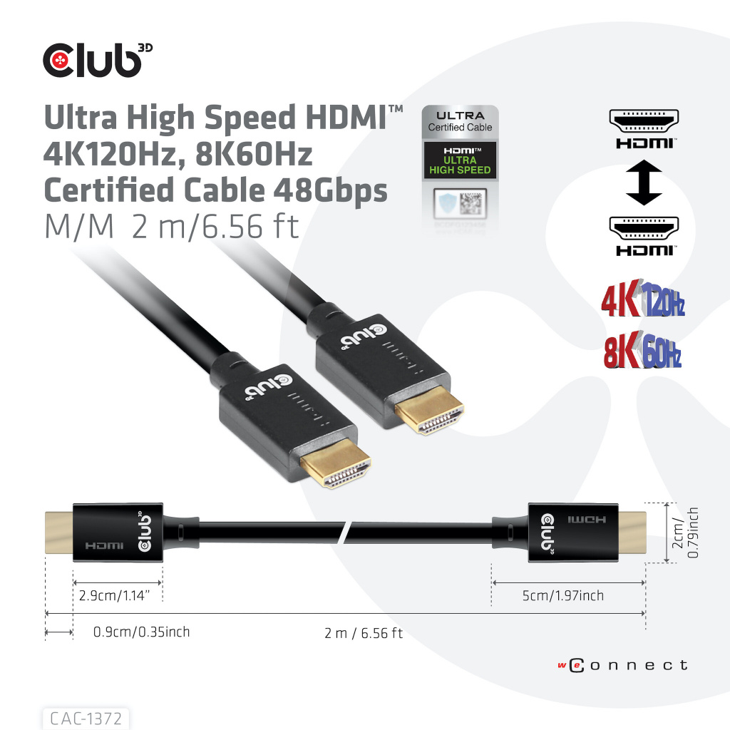 CLUB3D Ultra High Speed HDMI 4K120Hz, 144Hz Certified Cable 48Gbps M/M 2 m / 6.56 ft - Afbeelding 5