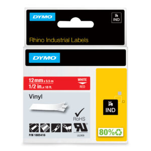 DYMO Rhino industriële Vinyl Labels | 12 mm x 5,5 m | witte afdruk op rood | zelfklevende labels voor Rhino & LabelManager label