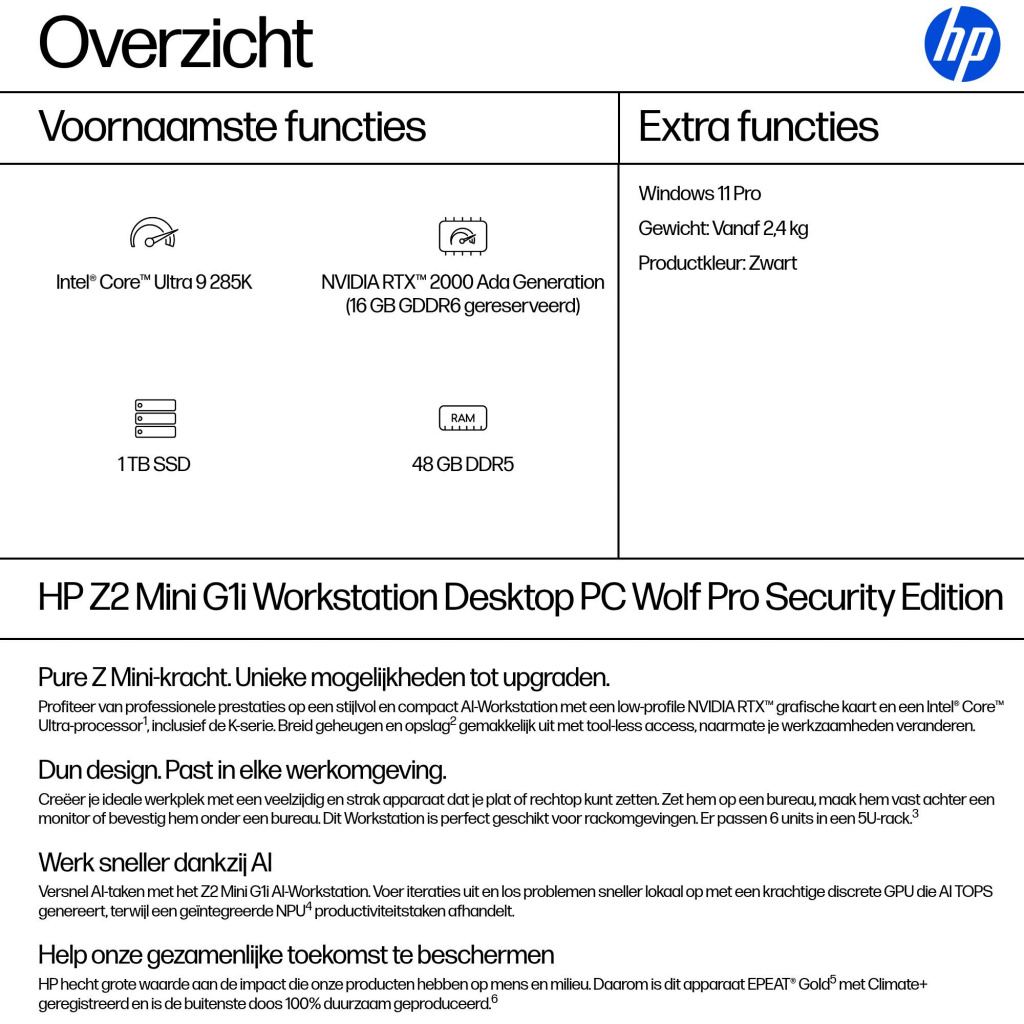 HP Z2 Mini G1i Wolf Pro Security Edition Intel Core Ultra 9 285K 48 GB DDR5-SDRAM 1 TB SSD NVIDIA RTX 2000 Ada Windows 11 Pro Mi - Afbeelding 7