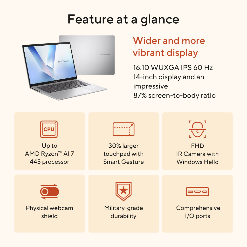 ASUS Vivobook 14 M1407GA-LY012W Copilot+ PC AMD Ryzen AI 7 445 Laptop 35,6 cm (14") WUXGA 16 GB DDR5-SDRAM 512 GB SSD Wi-Fi 6 (8 - Afbeelding 28