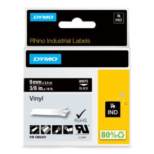 DYMO Rhino industriële Vinyl Labels | 9 mm x 5,5 m | witte afdruk op zwart | zelfklevende labels voor Rhino & LabelManager label