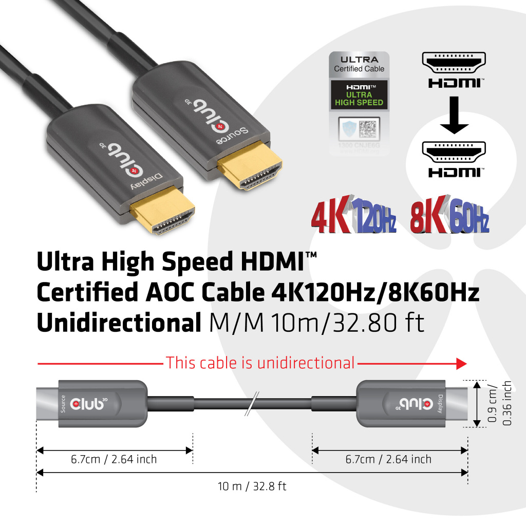 CLUB3D Ultra High Speed HDMI 2.1™ gecertificeerde AOC-kabel 4K120Hz/8K60Hz Unidirectioneel M/M 10 meter - Afbeelding 2