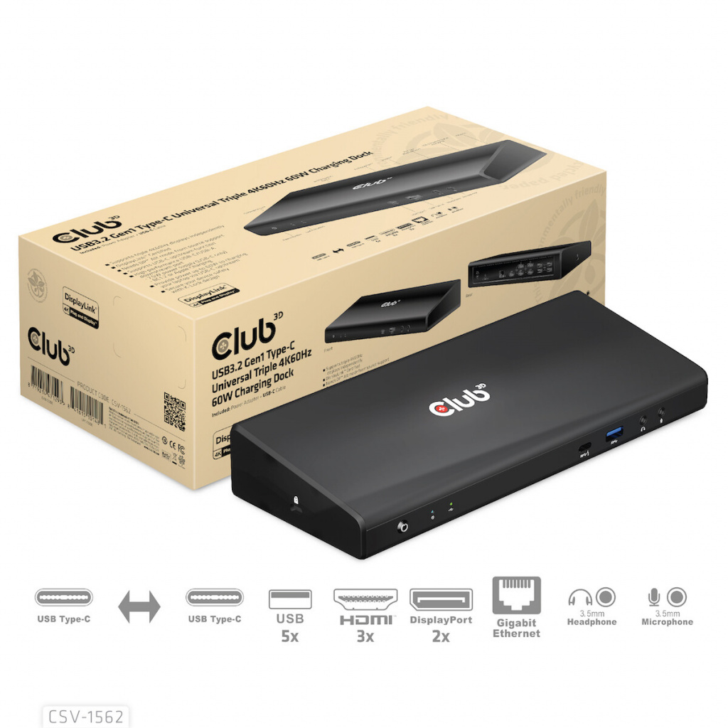 CLUB3D Type-C Universeel (2x 4K60Hz +1x 4K30Hz), oplaad Docking Station 60W DisplayLink® gecertificeerd en DP alt modus - kensin - Afbeelding 6