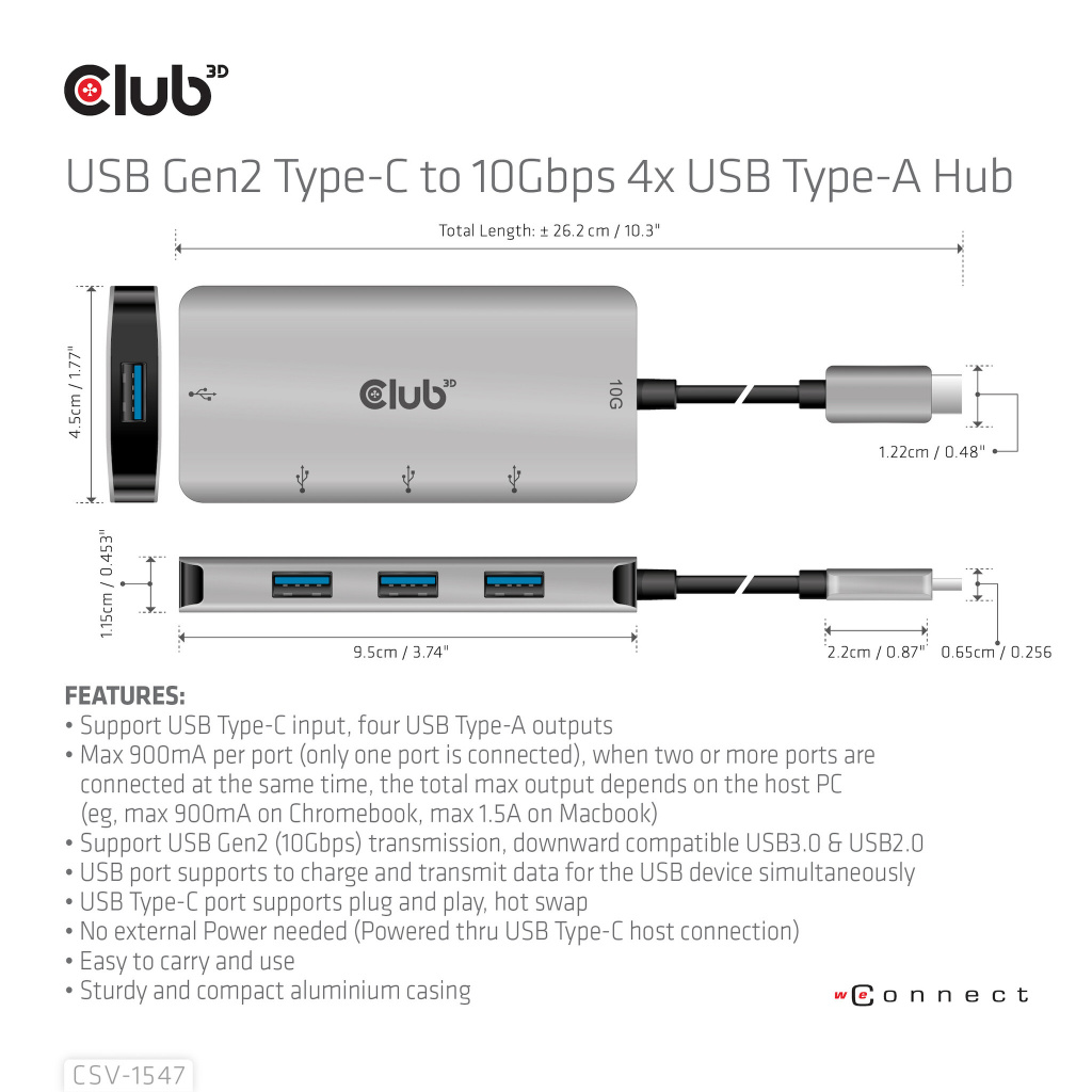 CLUB3D 4-Port USB-A Hub for USB-C – 10Gbps Fast Transfer - Afbeelding 8