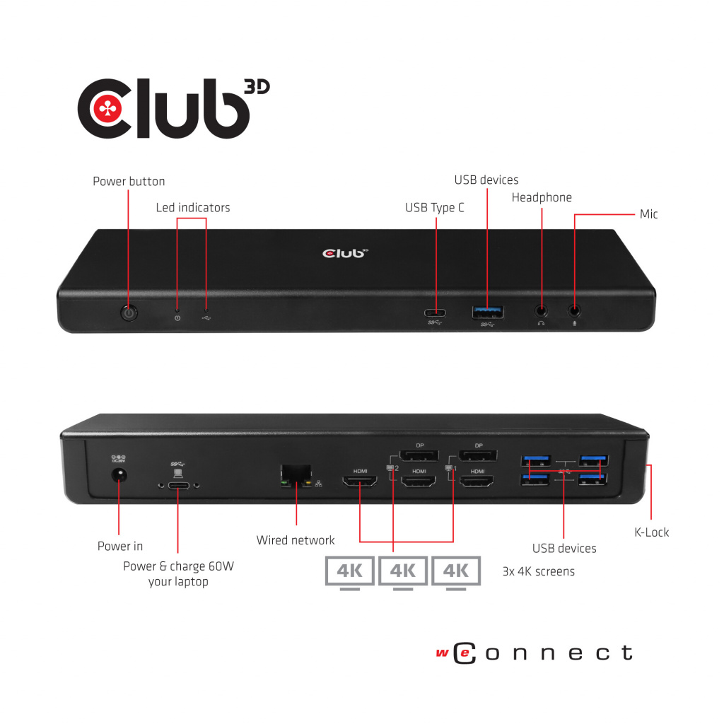 CLUB3D Type-C Universeel (2x 4K60Hz +1x 4K30Hz), oplaad Docking Station 60W DisplayLink® gecertificeerd en DP alt modus - kensin - Afbeelding 7