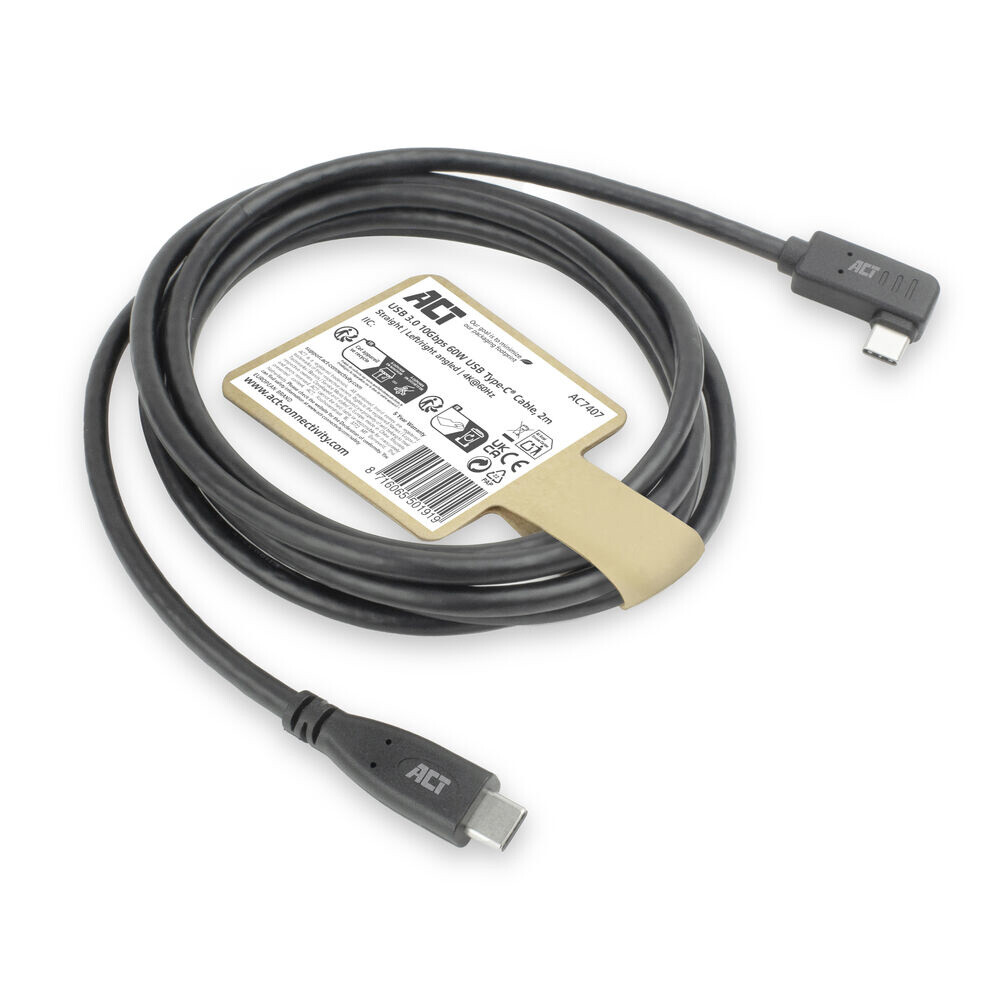 ACT USB 3.0 10Gbps 60W USB Type-C (recht) naar USB Type-C (haaks links/rechts) kabel, 2 meter - Afbeelding 2