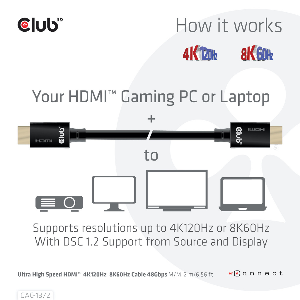 CLUB3D Ultra High Speed HDMI 4K120Hz, 144Hz Certified Cable 48Gbps M/M 2 m / 6.56 ft - Afbeelding 7