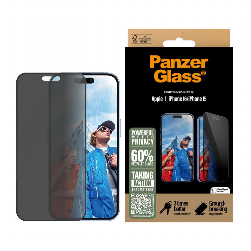 PanzerGlass ® 2-Way Privacy Screen Protector iPhone 16 | 15 | Ultra-Wide Fit w. EasyAligner Doorzichtige schermbeschermer Apple - Afbeelding 2