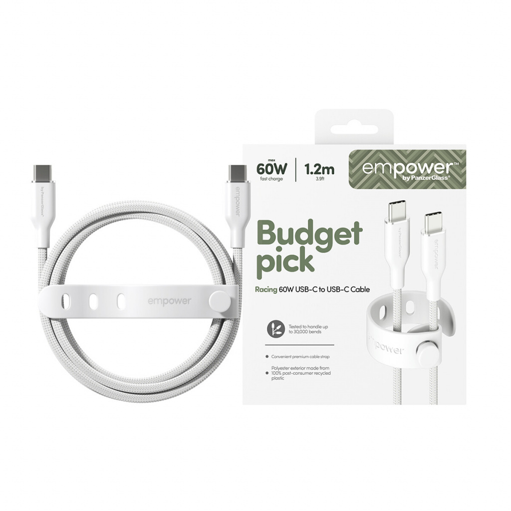 PanzerGlass empower™ by ® Racing 60W USB-C to USB-C Cable | USB 2.0 | 1.2M | Silver White USB-kabel Wit - Afbeelding 2