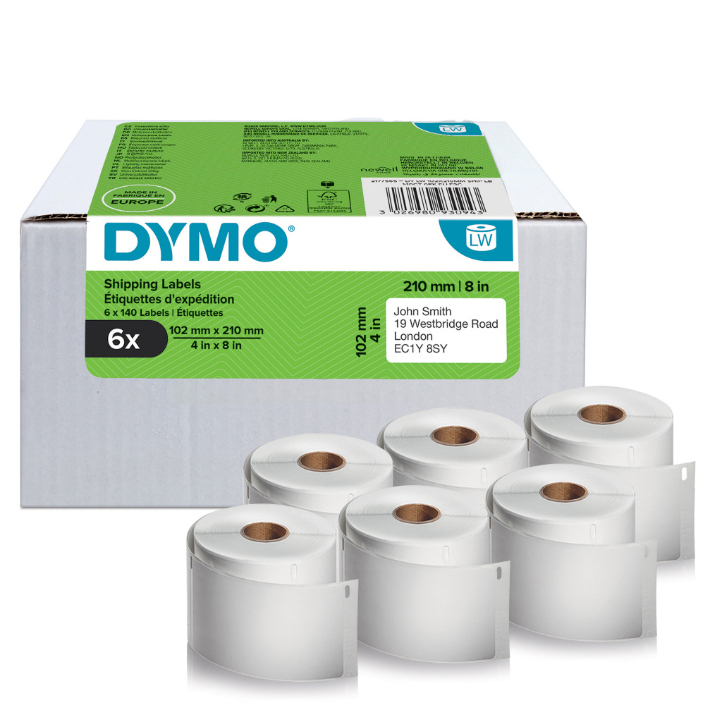 DYMO originele LabelWriter grote verzendetiketten met hoge capaciteit | 102 mm x 210 mm| 6 rollen met elk 140 zelfklevende label