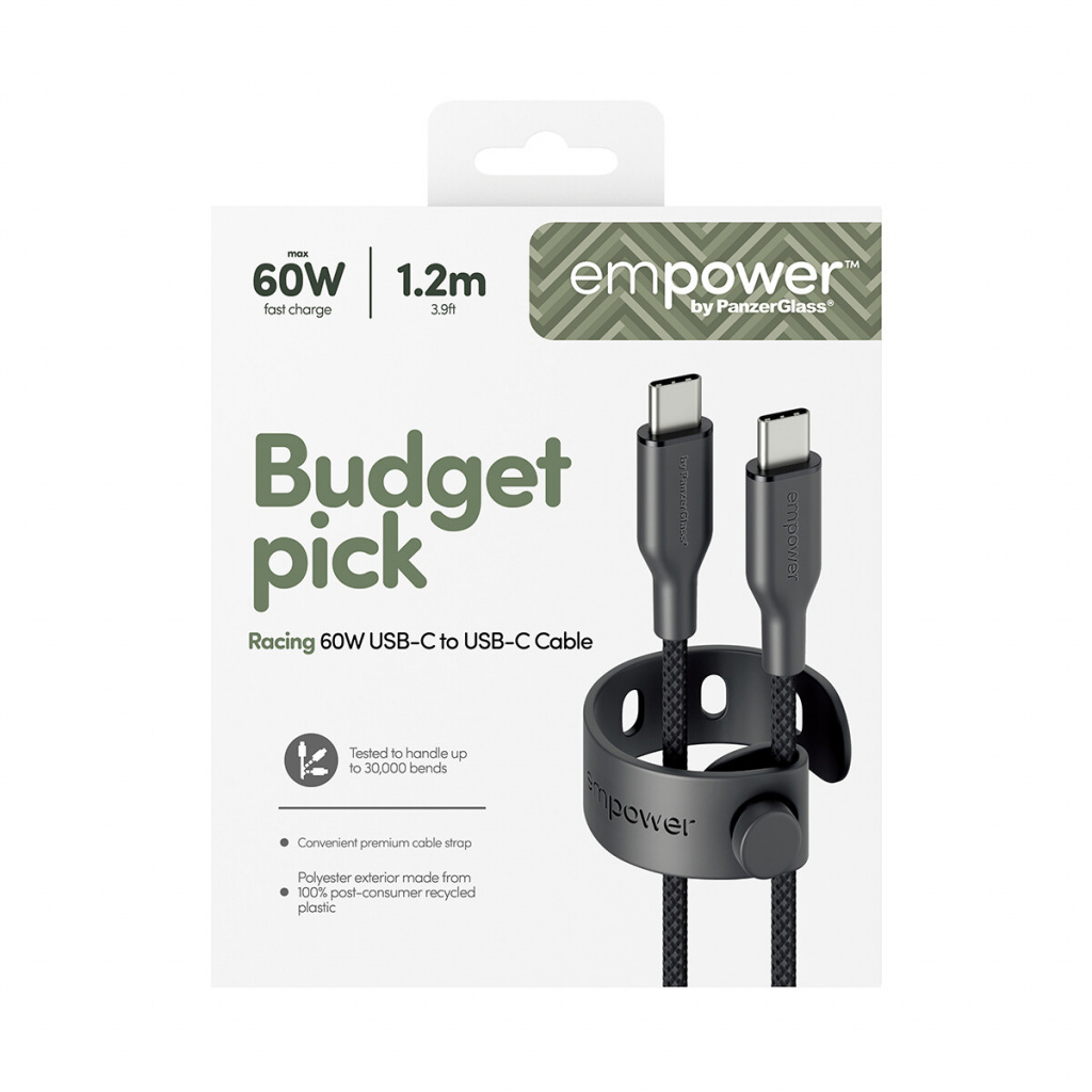 PanzerGlass empower™ by ® Racing 60W USB-C to USB-C Cable | USB 2.0 | 1.2M | Space Black USB-kabel Zwart - Afbeelding 3