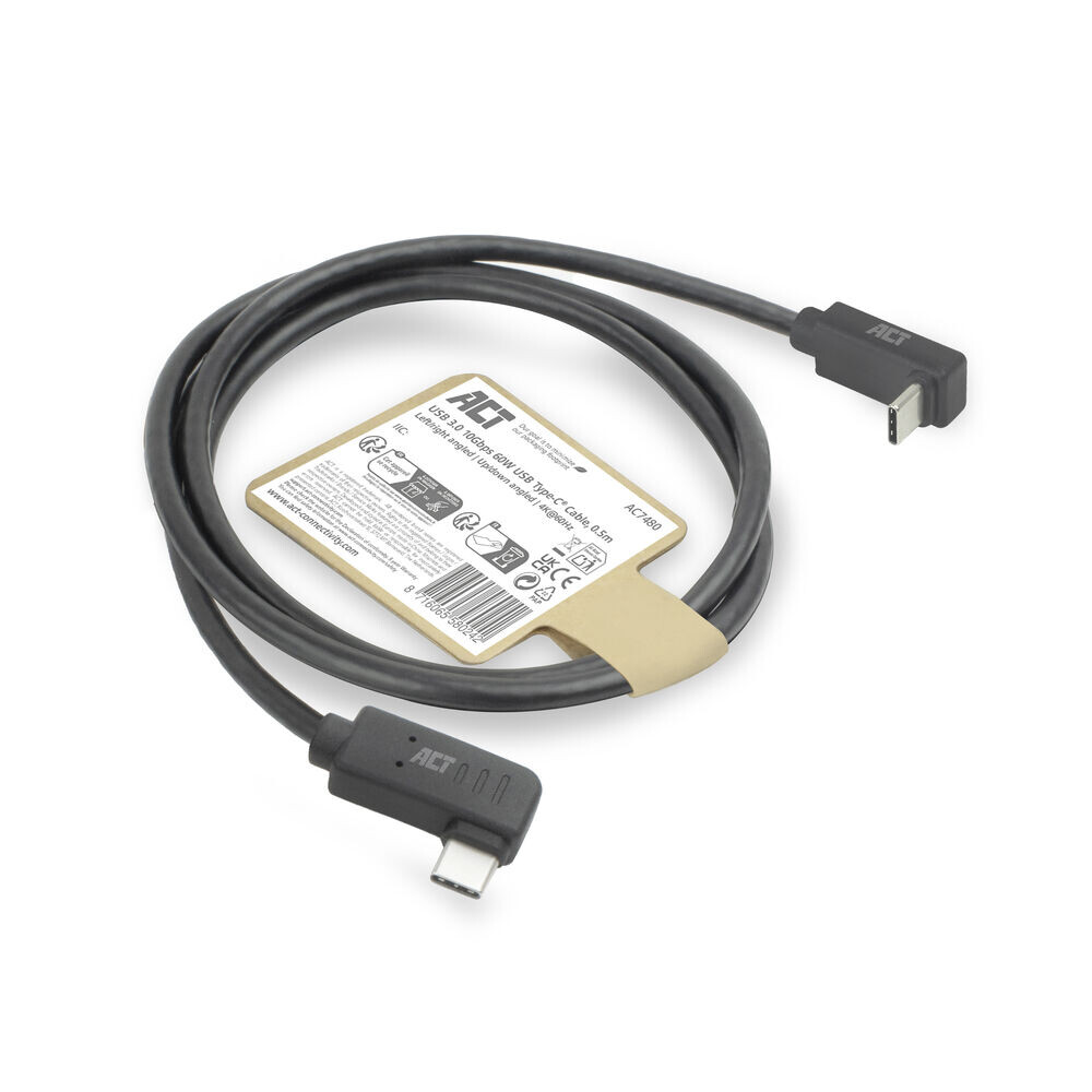 ACT USB 3.0 10Gbps 60W USB Type-C (haaks links/rechts) naar USB Type-C (haaks boven/beneden) kabel, 2 meter - Afbeelding 2